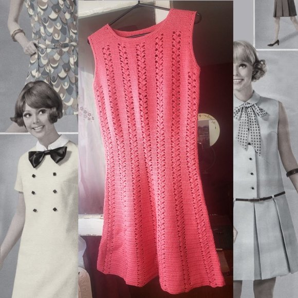 BEAUTIFUL HOT PINK VINTAGE CROCHETED AUDREY HEPBURN DRESS!! - Picture 1 of 4